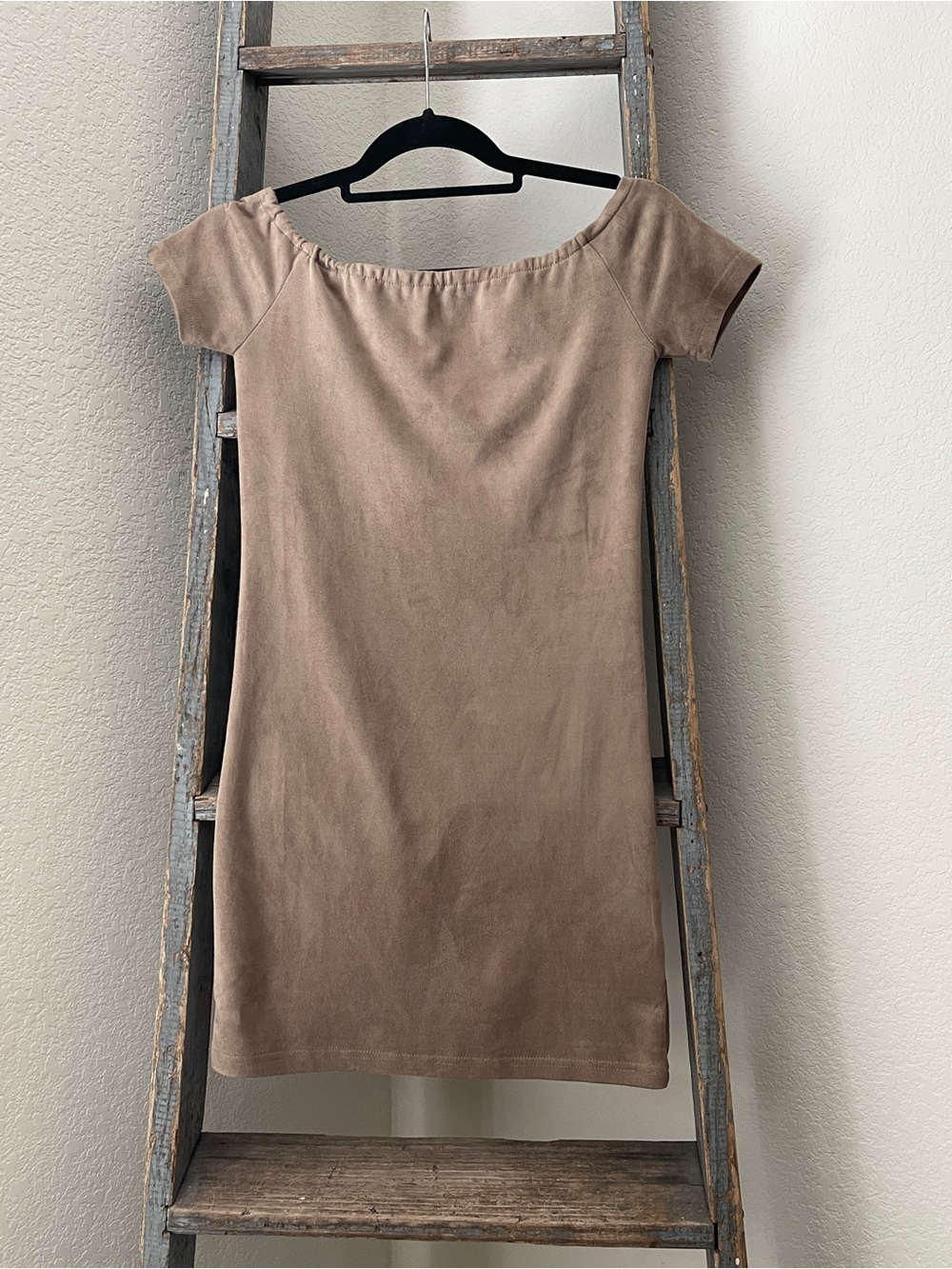 The Impeccable Pig Taupe Off-Shoulder Mini Dress